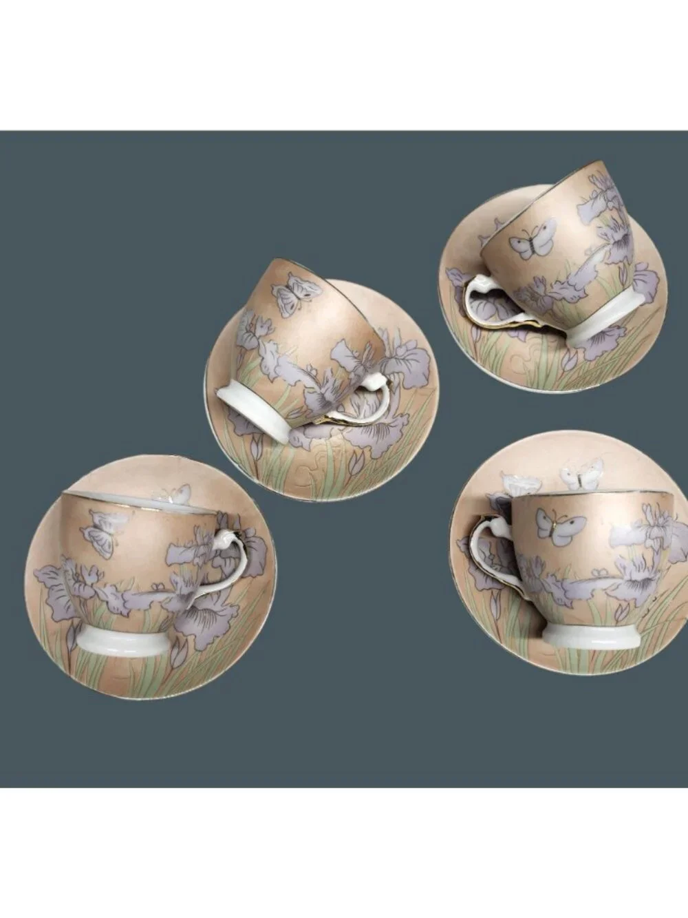 Demitasse Cups & Saucers Espresso Pink Purple Irises Butterflies 4 Sets